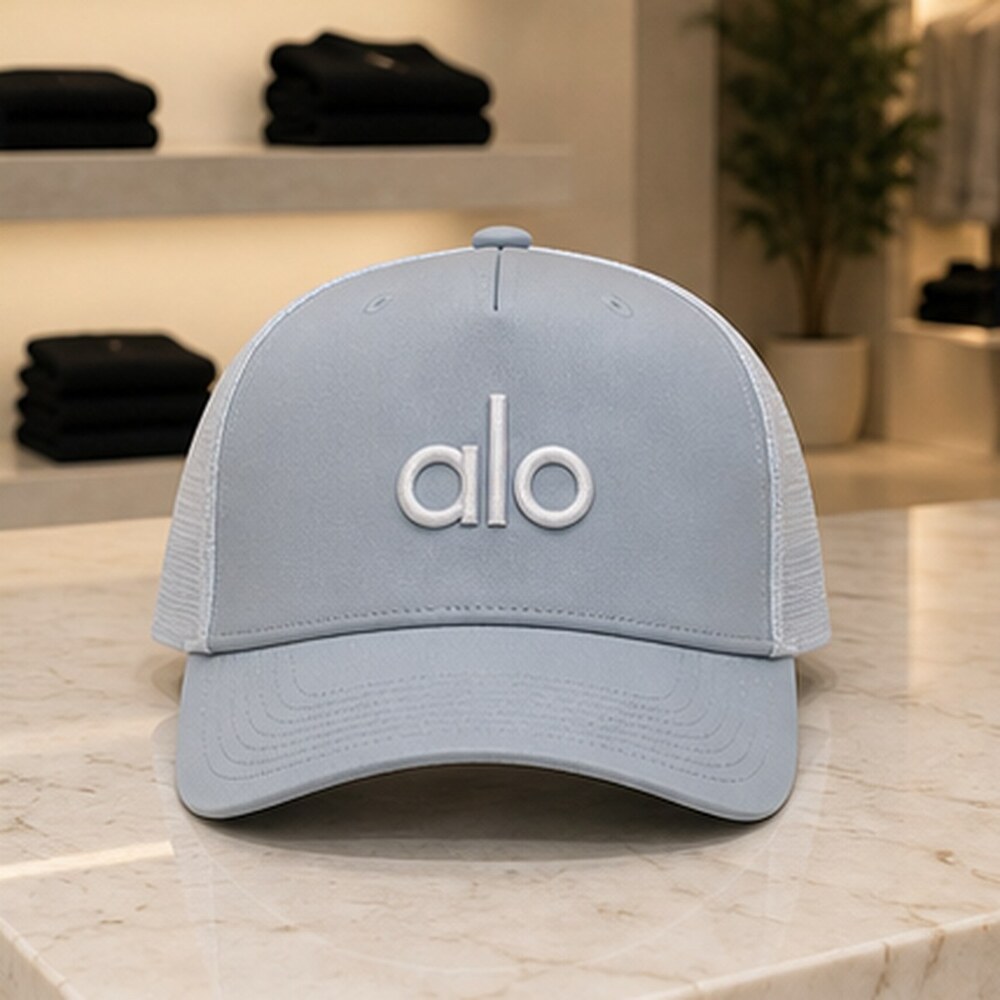 ALO Yoga Mist Blue Gray Active Mesh Trucker Cap Hat NWT